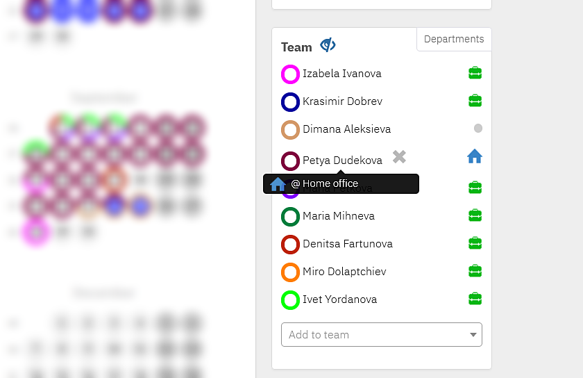 The team view in TIMEOFF.GURU lets you know who is working from home or the office