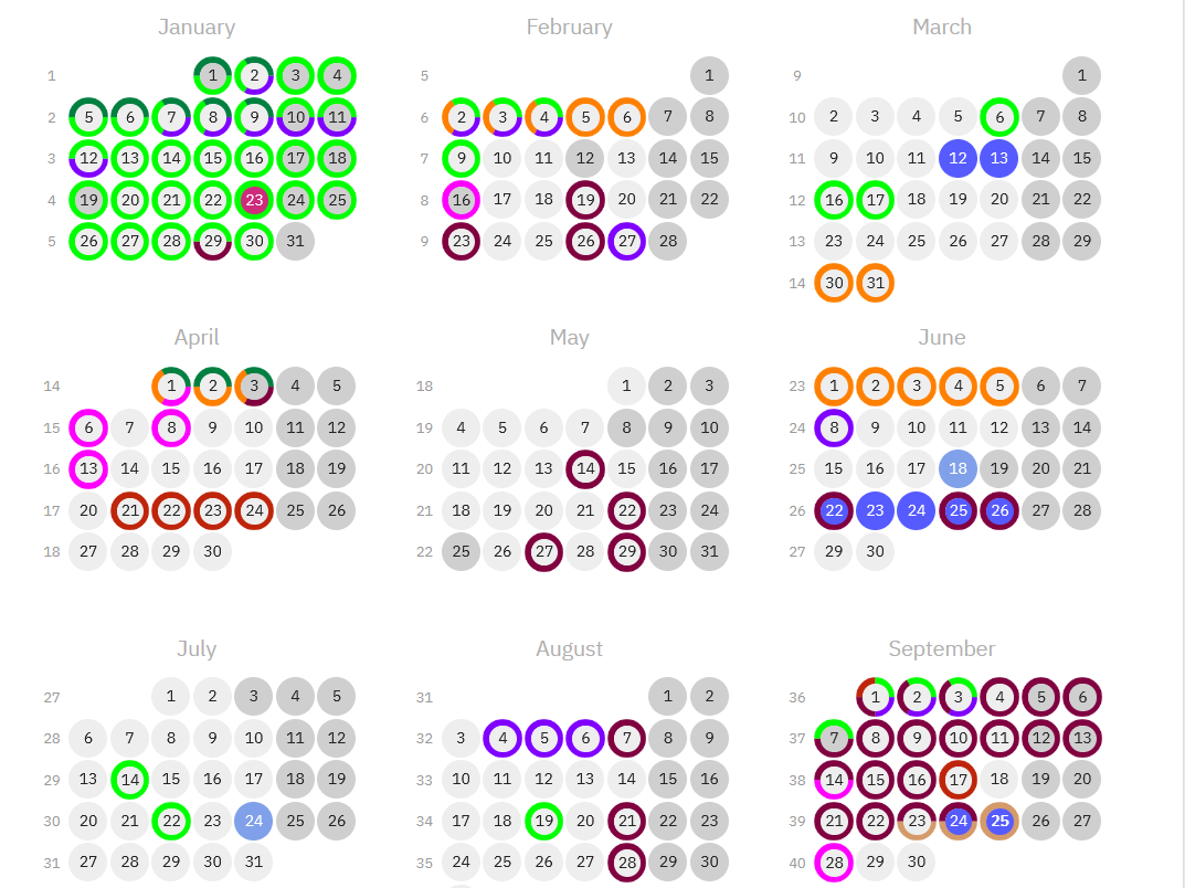 The whole year at a glance in TIMEOFF.GURU's team calendar