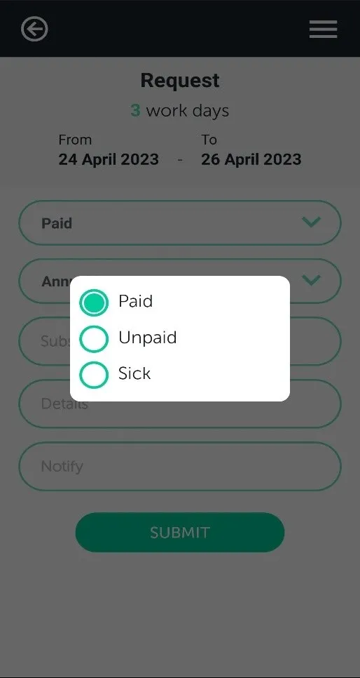 A leave request in the mobile app