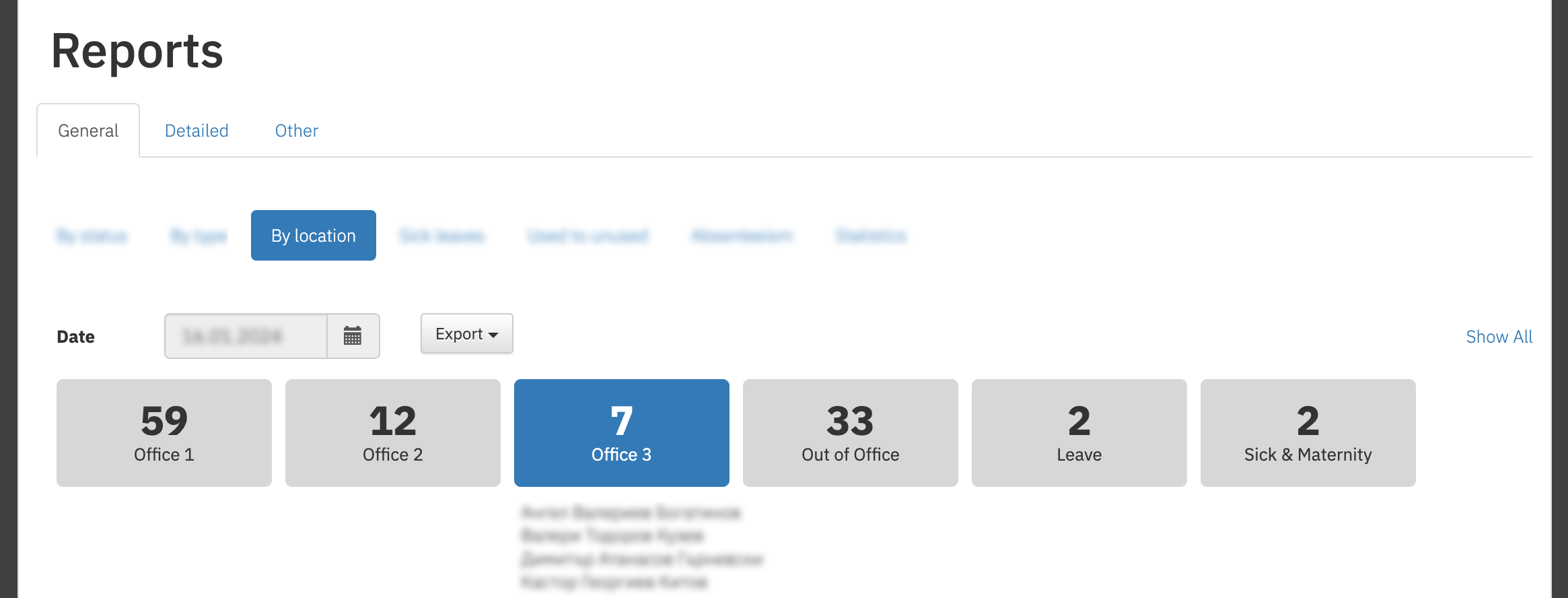 Screenshot from report for employees' locations