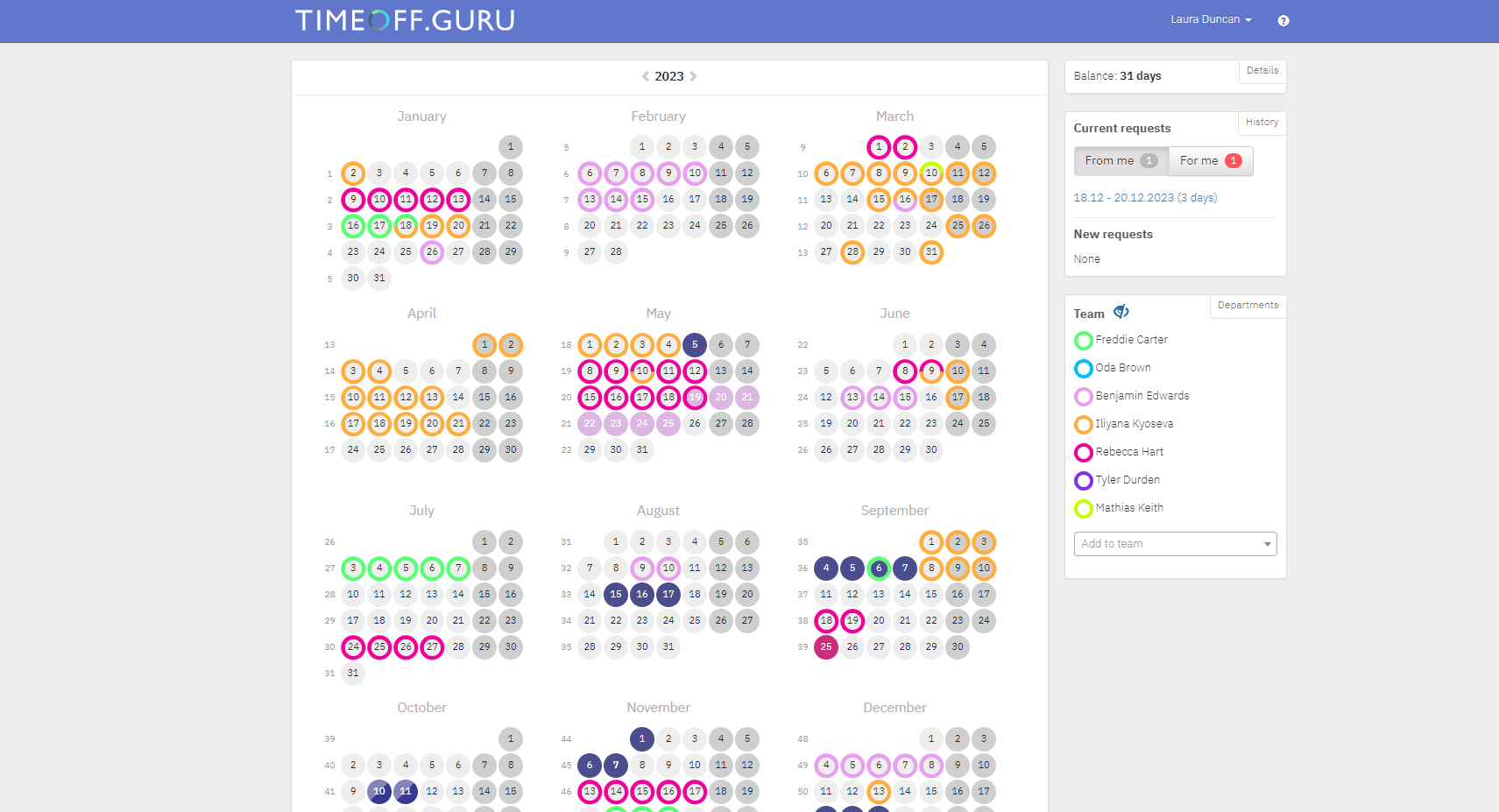 TIMEOFF.GURU main screen with calendar view