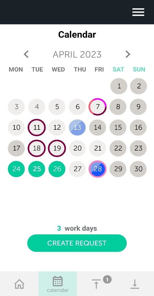 TIMEOFF.GURU - Mobile App Calendar screen