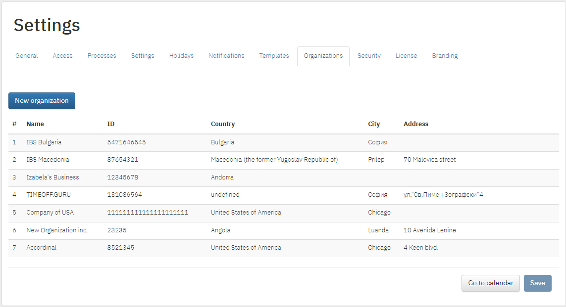 TIMEOFF.GURU organizations settings screen