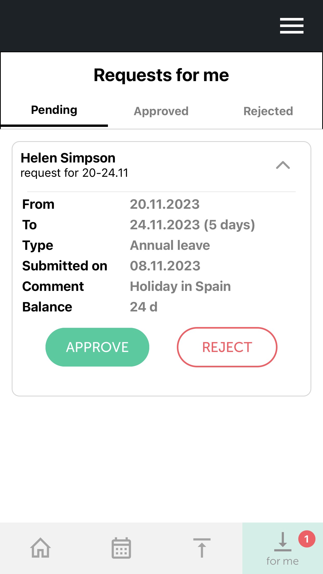 TIMEOFF.GURU - Mobile App Requests for me screen